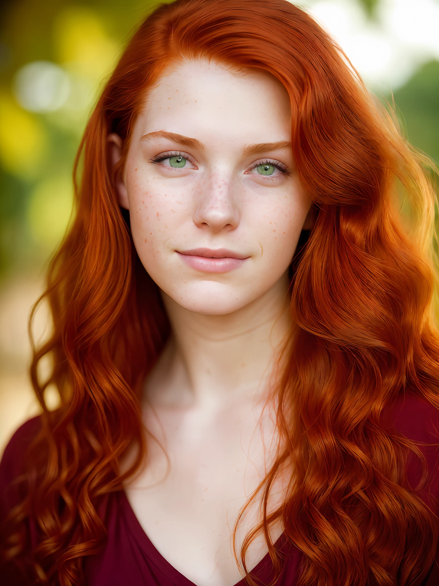 (portrait, editorial studio photograph, 20 yo woman) (red hair , perfect green eyes) (highly detailed face:1.4) (happy smirk:0.9) (natural beauty shoot) (background studio dark:1.3), by Steve McCurry, canon m50,  f1.8 ,hyper realistic ,lifelike texture, threepoint lighting , awardwinning photo,