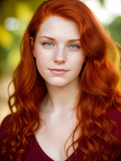 (portrait, editorial studio photograph, 20 yo woman) (red hair , perfect green eyes) (highly detailed face:1.4) (happy smirk:0.9) (natural beauty shoot) (background studio dark:1.3), by Steve McCurry, canon m50,  f1.8 ,hyper realistic ,lifelike texture, th...