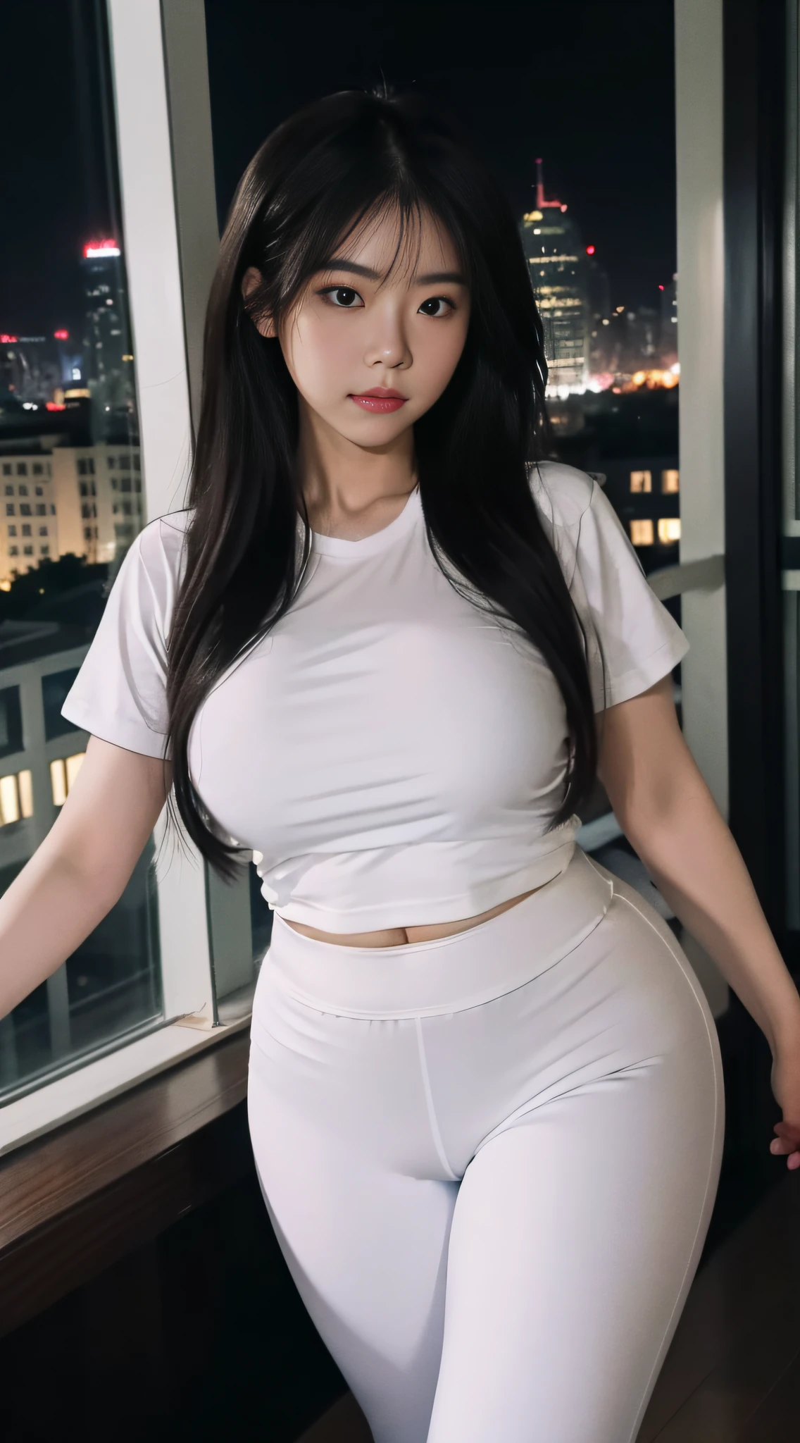 A Chinese woman on the rooftop of the top floor of a tall building at night, fluffy hair, delicate face, bright, real girl, large aperture, wearing white tight yoga pants trousers, wearing black yoga shirt, short sleeve yoga shirt, letter yoga shirt, macro shot, plump, slightly fat, standing, frontal shooting, very plump, sexy,