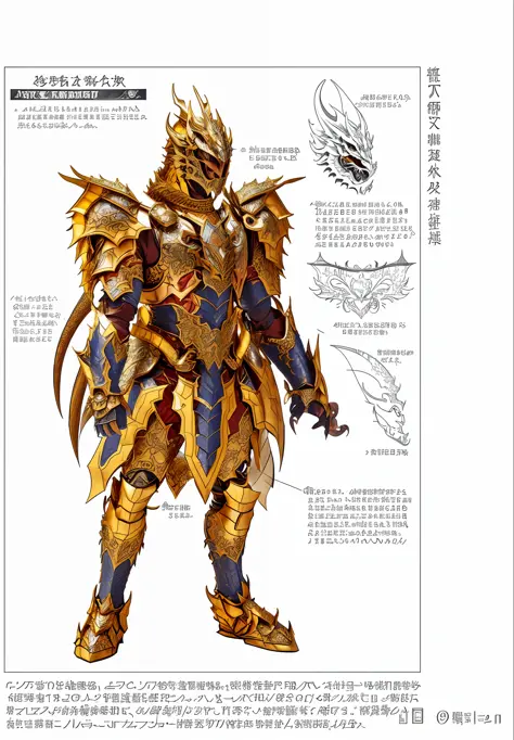 a close up of a drawing of a man in armor, dragon ancient full plate armor, traditional japanese concept art, dragon inspired armor, draconic looking armor, intricate golden armor, golden armor wearing, in monster hunter armor, light gold armor, detailed a...