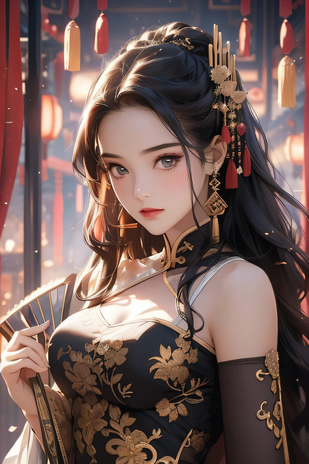 ((Best Quality)), ((Ultra High Resolution)), ((Realistic)), Fine Details, Age 19 on Appearance, Black Hair, Perfect Face Shape, Moderate Makeup:1.5, Face Lighting, Accentuating Details, Long Hair, Wearing Chinese Wedding Dress, Gold Headgear Decoration, Holding a Fan, Red Wedding Dress Extra Points: 1.3, Gold Dress Details. Full body portraits, windows, beds, curtains, candlelight, present a picture of a long-range pose.