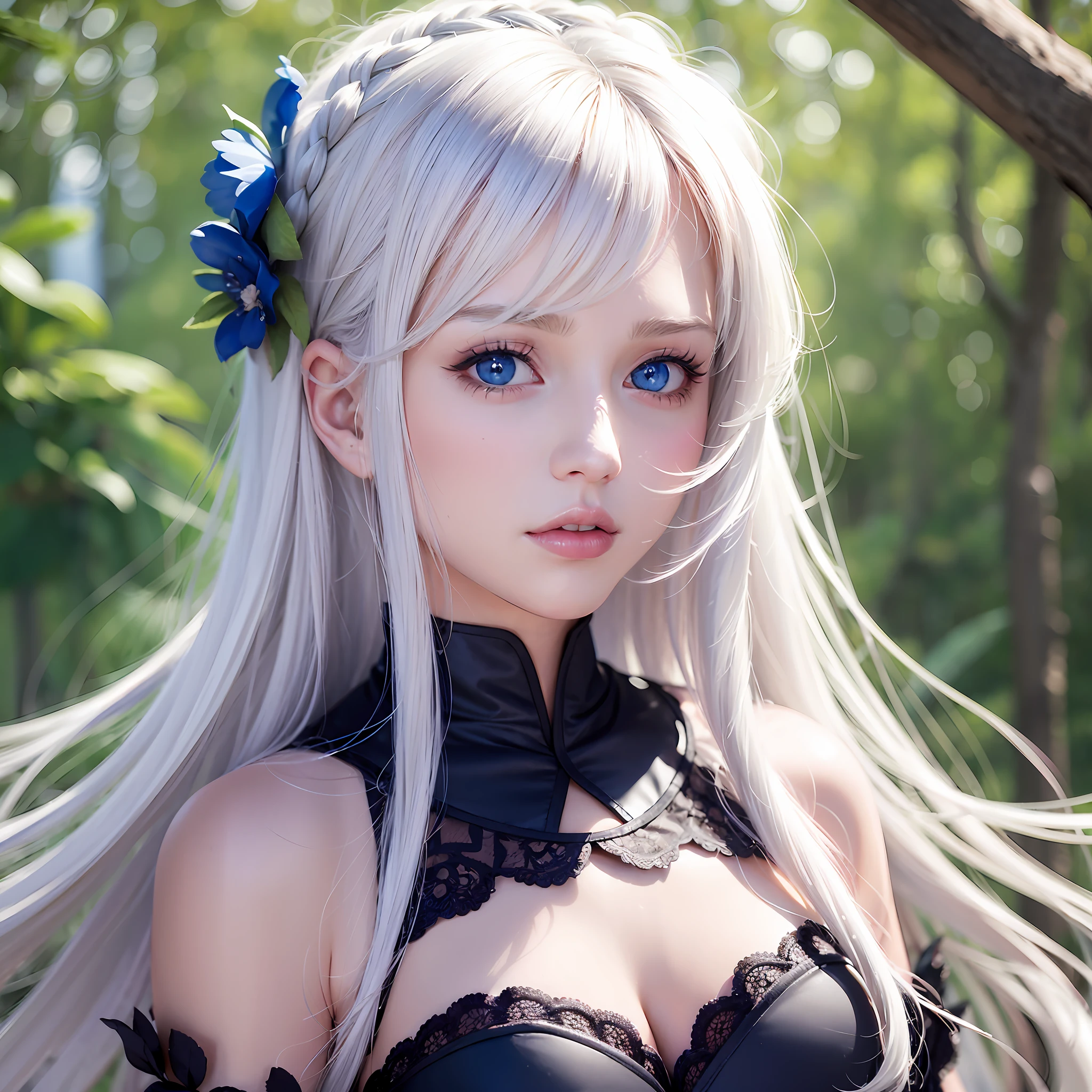 best quality, masterpiece,white hair, blue eyes, upper body,Gorgeous background,1girl, Flowing hair,brunette