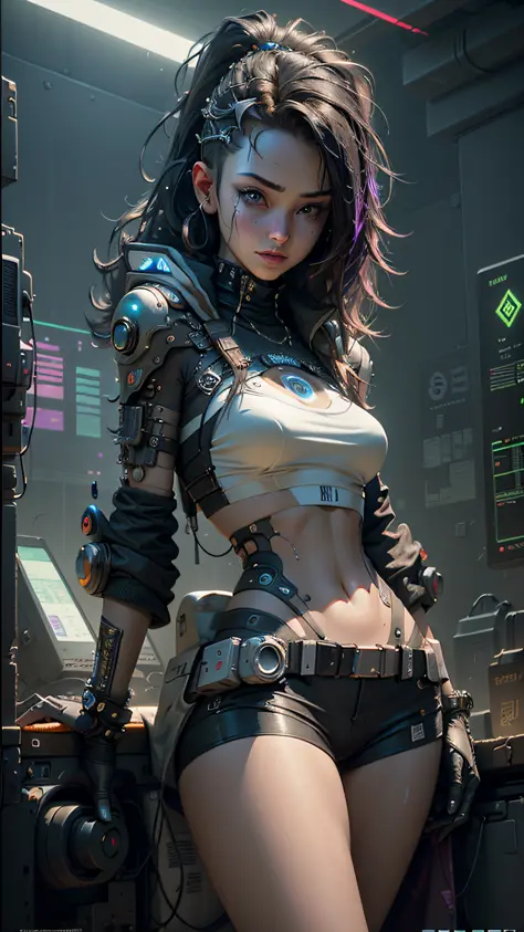 ((Best Quality)), ((Masterpiece)), (Very detailed:1.3), 3D, Beautiful (Cyberpunk:1.3) Female hacker, thick hair, half-exposed breasts, operating computer terminals, computer servers, LCD screens, fiber optic cables, corporate logos, HDR (High Dynamic Range...