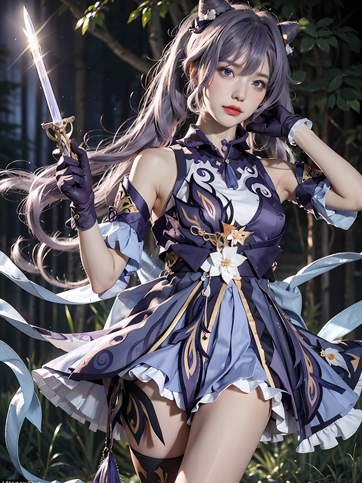 Masterpiece, best quality, detail, depth of field, ultra-realistic, realistic face and eyes, realistic skin texture, cinematic lighting, eyes to see the audience. 1 girl, solo, (frown, closed mouth), keqing_\(genshin_impact\), purple_eyes, purple hair, double tail, sharp eyes, serious face, gloves, black stockings, outdoor, purple lightning, fileg, lightning glowing sword, purple lightning, upper body