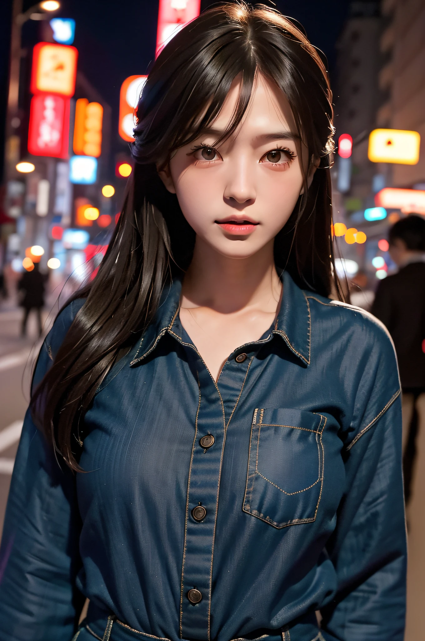 1 garota, Rua de Tóquio, noite, paisagem urbana, Luzes da cidade, tronco, fechar-se, 8K, Foto CRU, mais alta qualidade, Obra de arte, realista, photorealista, Modelo de Pessoa do Japão