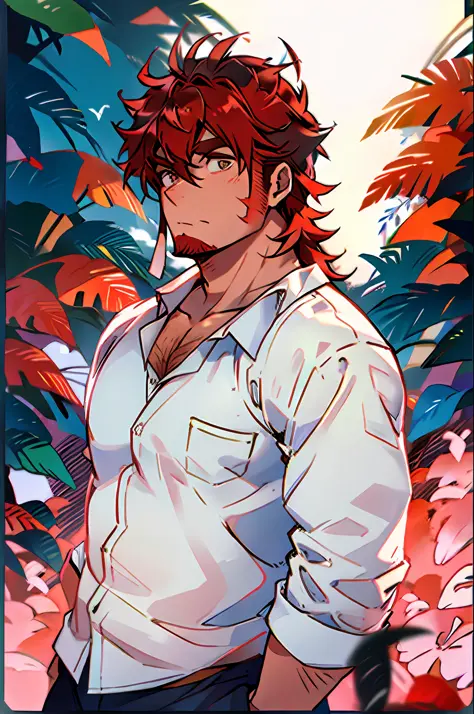 Farmer, white shirt, hirsute, red hair