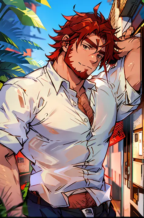 Farmer, white shirt, hirsute, red hair