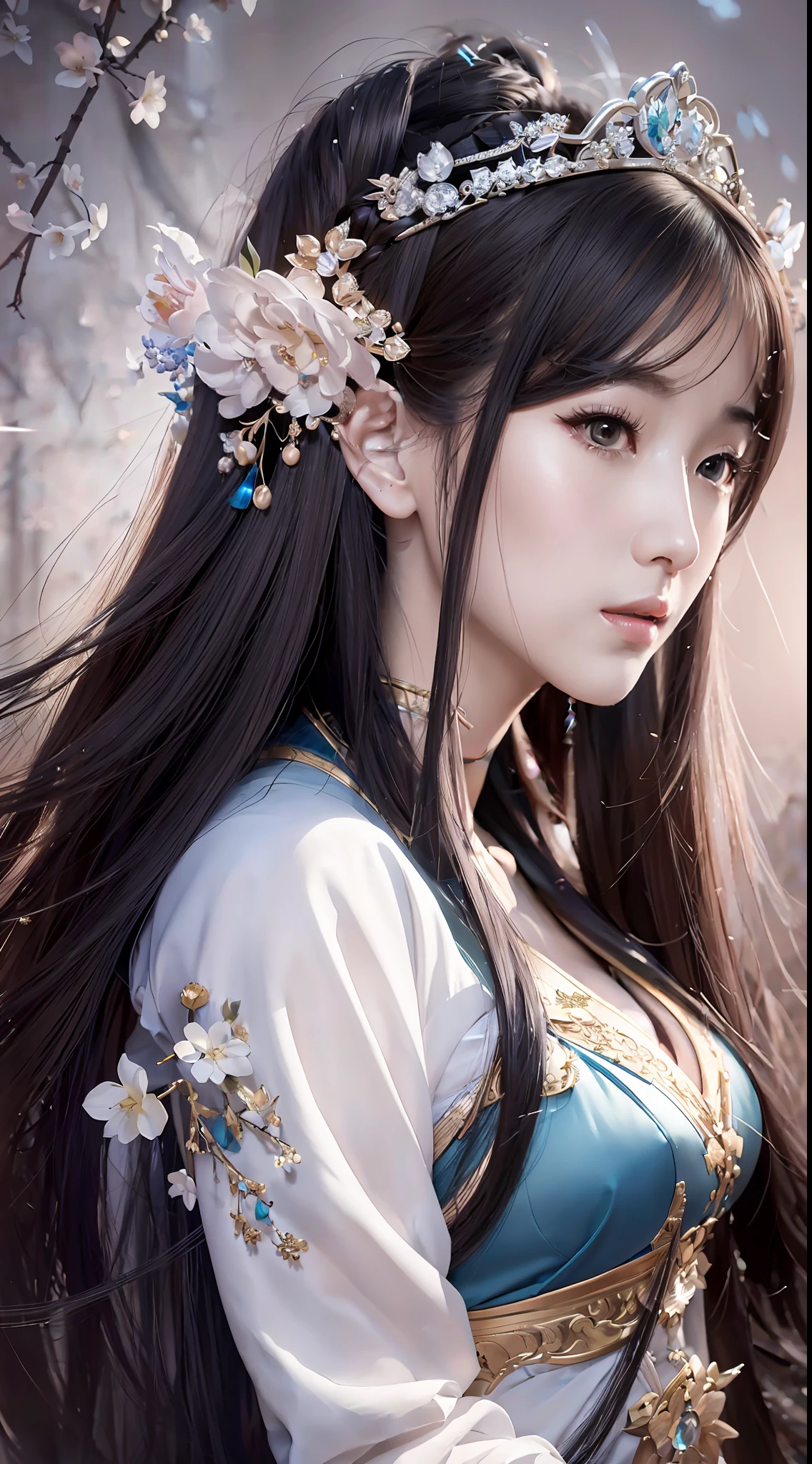 a close up of a woman with long hair wearing a tia, trending on cgstation, artwork in the style of guweiz, beautiful character painting, beautiful digital artwork, ethereal beauty, inspired by Ai Xuan, digital fantasy art ), 8k high quality detailed art, ((a beautiful fantasy empress)), by Li Song, ross tran 8 k, a beautiful fantasy empress