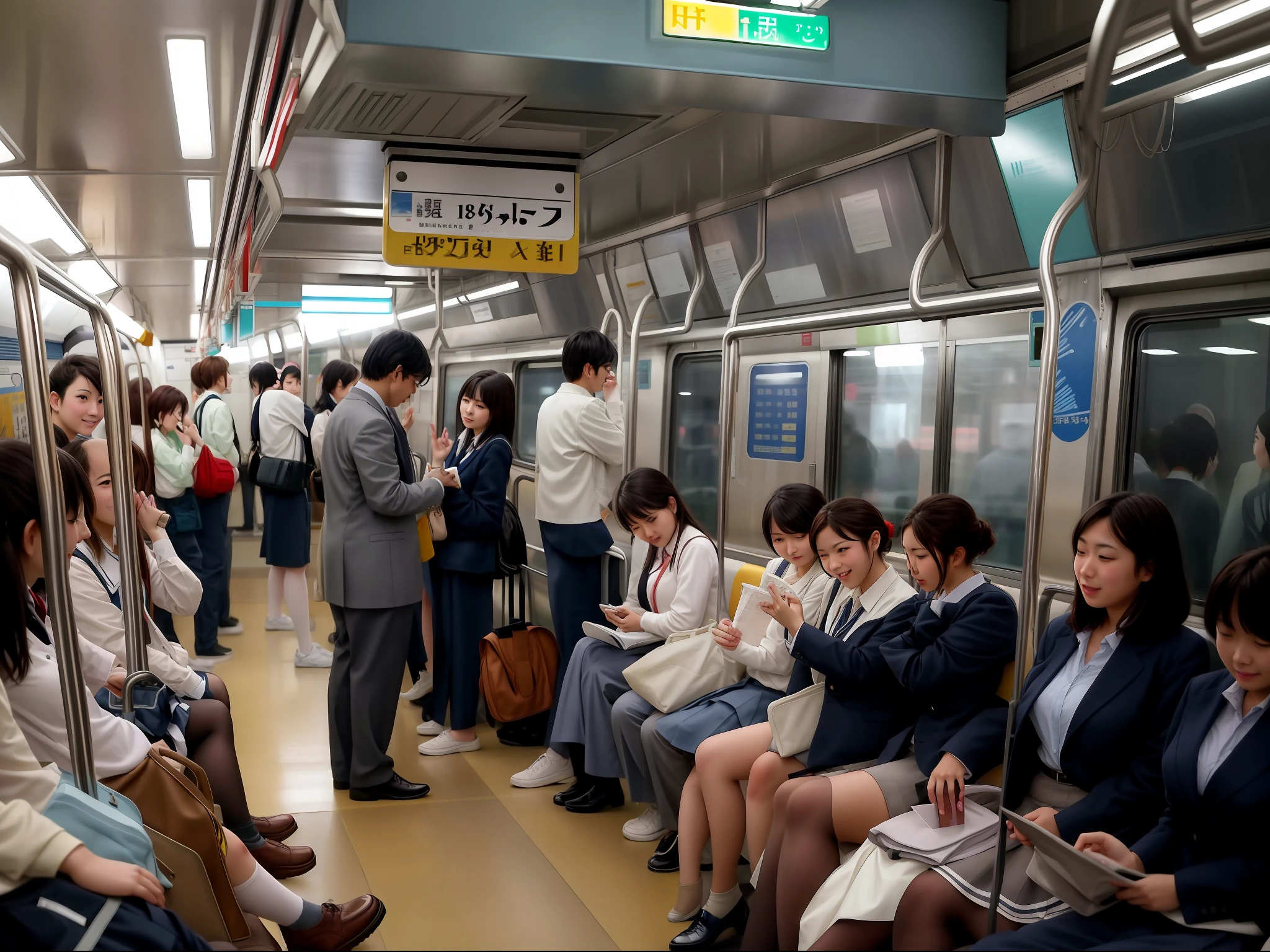 Masterpiece, top quality animation, scene of high school girls with bright expressions riding on subway train in , beautiful faces in Japan school uniforms, smiling faces, scenery like Makoto Shinkai.