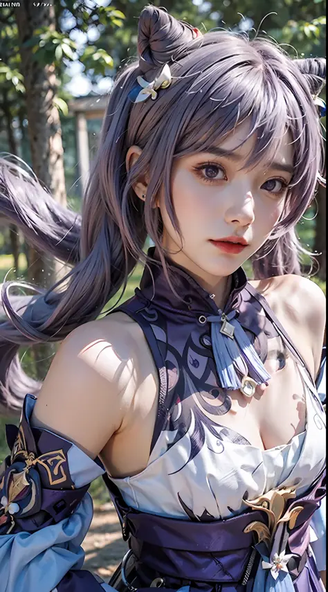 Masterpiece, best quality, detail, depth of field, ultra-realistic, realistic face and eyes, realistic skin texture, cinematic lighting, eyes to see the audience. 1 girl, solo, (frown, closed mouth), keqing_\(genshin_impact\), purple_eyes, purple hair, dou...