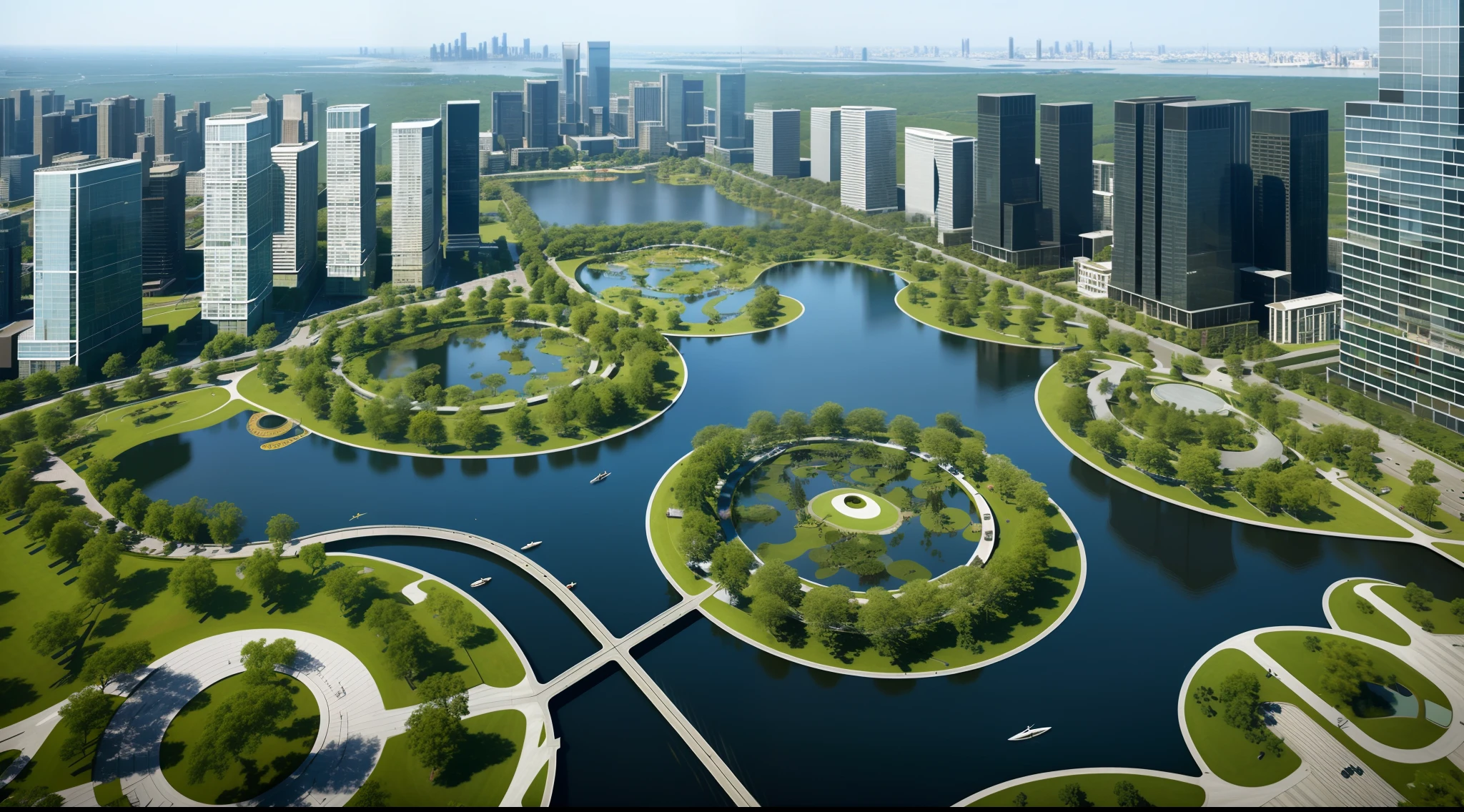 City skyline view with lake and park, waterfront, wetland park, city telfer, buildings, top quality, architectural photography, photo realistic, hyperrealistic, ultra detail, 8k, skyscraper, street, cinematic photography, ultra detail, very detailed, ultra-detailed, ultra-realistic, cinematic, rendering, arch daily,