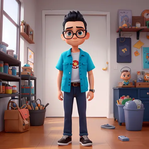 Cute small 39-years-old  repairman , huge head, Slicked-back hair , wearing Round thin frame glasses, highly detailed eyes，front-facing, fit , Wearing Gradient Short Sleeve Shirt and dark blue jeans and black running shoes，Hip Hop Mood, full body view, hig...