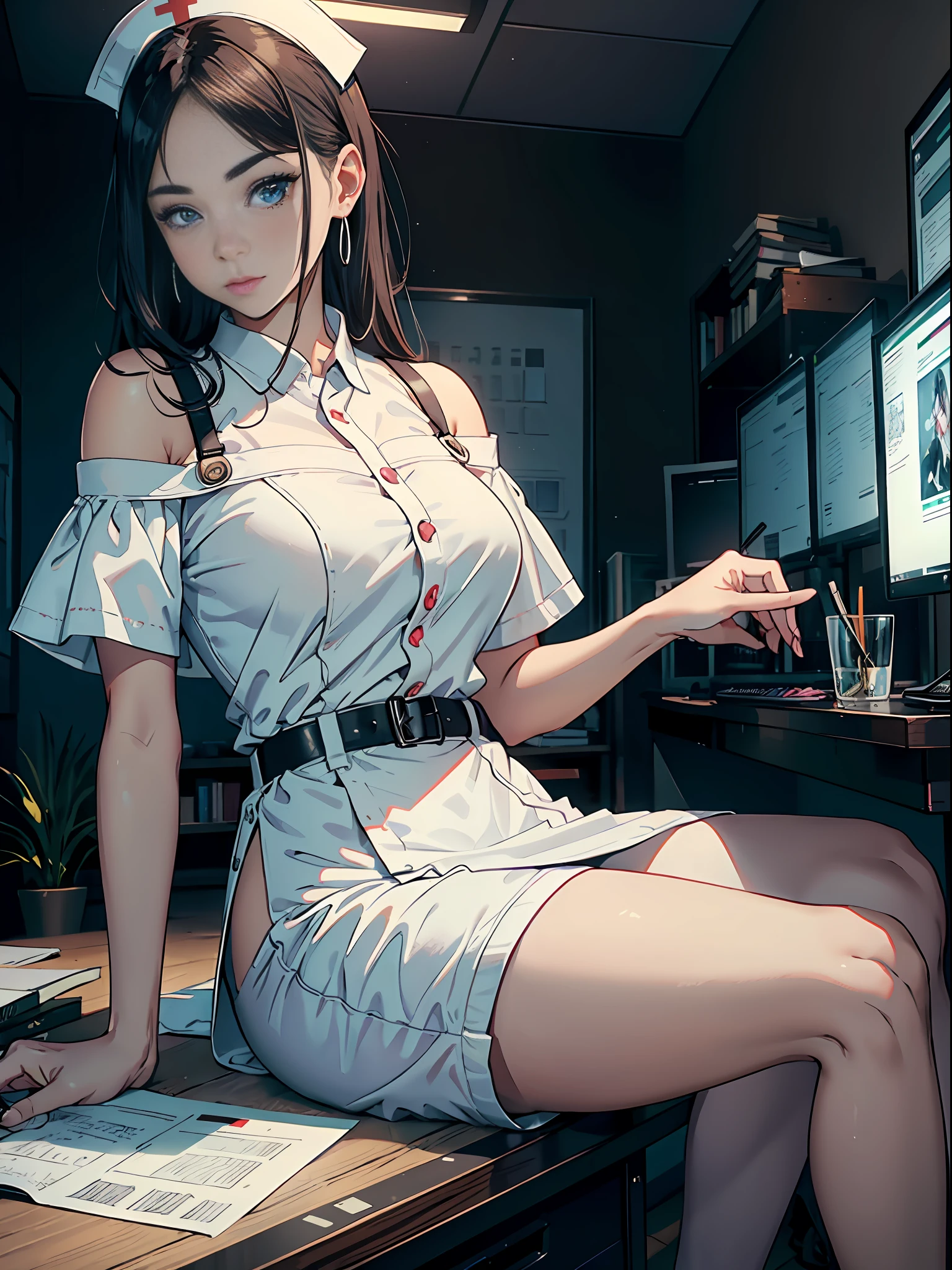Woman who is reading and studying, young woman, computer in the room, mature looking, willow eyebrows, big eyes, woman with delicate facial features, woman sitting at the computer desk live broadcast, detail portrayal, infinite detail, Tyndall effect, ultra definition, 8K, character tracing, ray tracing, modern woman, high value, beauty, intellectual beauty, sexy seduction, (((wearing white nurse's uniform))), (urban beauty), (sexy), (seductive) (off-the-shoulder)
