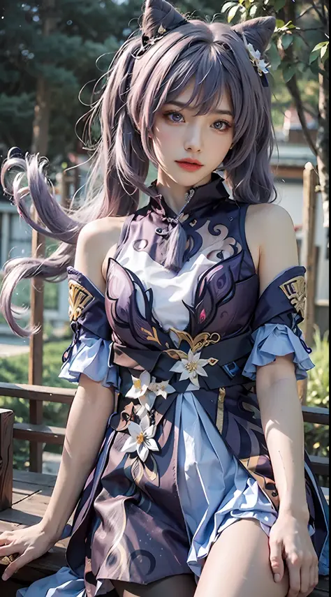Masterpiece, best quality, detail, depth of field, ultra-realistic, realistic face and eyes, realistic skin texture, cinematic lighting, eyes to see the audience. 1 girl, solo, (frown, closed mouth), keqing_\(genshin_impact\), purple_eyes, purple hair, dou...