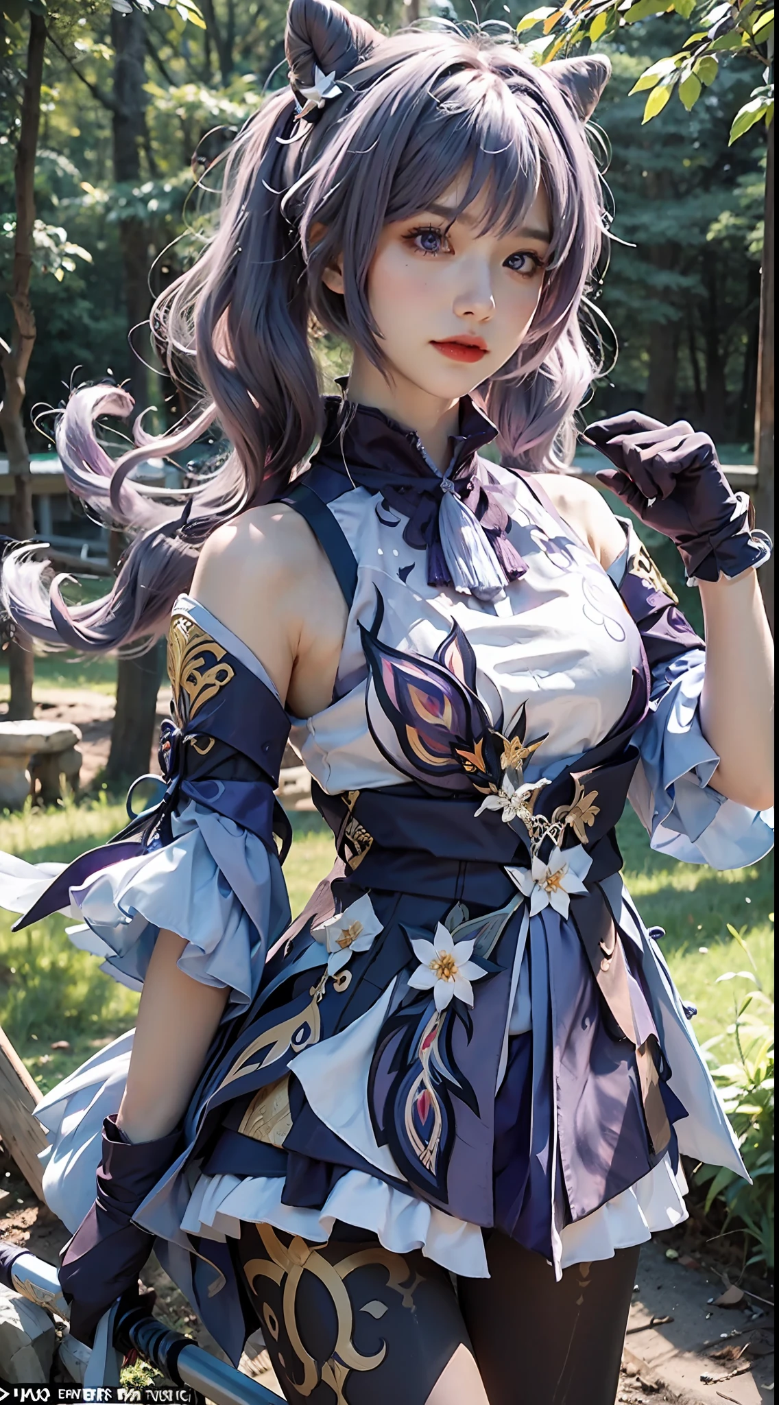 Masterpiece, best quality, detail, depth of field, ultra-realistic, realistic face and eyes, realistic skin texture, cinematic lighting, eyes to see the audience. 1 girl, solo, (frown, closed mouth), keqing_\(genshin_impact\), purple_eyes, purple hair, double tail, sharp eyes, serious face, gloves, black stockings, outdoor, purple lightning, fileg, lightning glowing sword, purple lightning, upper body