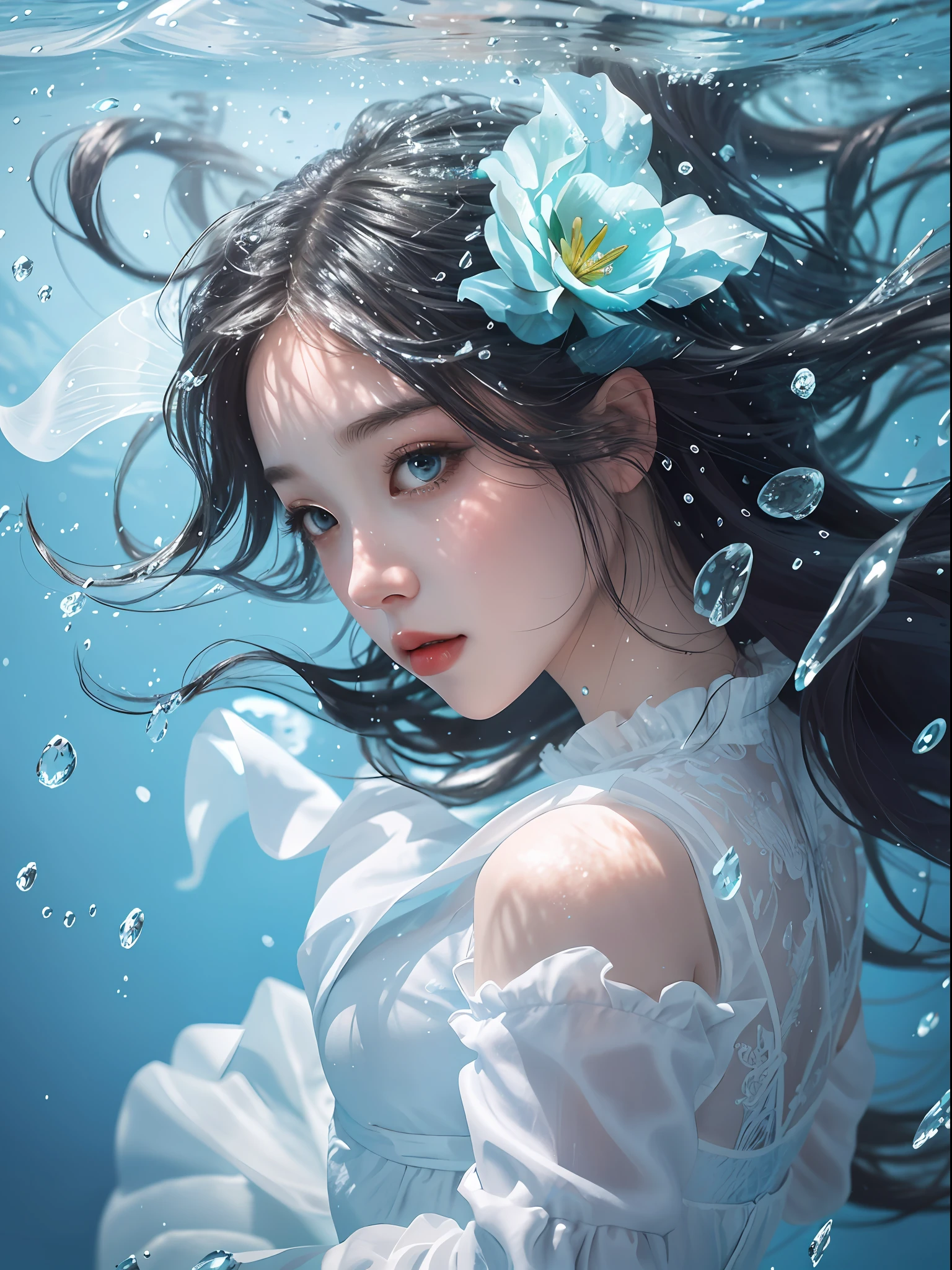 um close up de uma mulher em um vestido branco sob a água, Papel de Parede Anime Água Azul, artwork in the style of Guweiz, fantasia closeup com magia de água, por Yang J, Guweiz, uma bela ilustração de arte, fada da água, linda arte digital, linda ilustração digital, por Li Song, no estilo artístico de bowater, lindo retrato de anime
