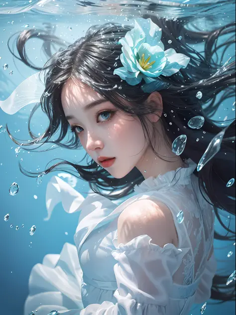 a close up of a woman in a white dress under water, wallpaper anime blue water, artwork in the style of guweiz, closeup fantasy with water magic, by Yang J, guweiz, a beautiful artwork illustration, water fairy, beautiful digital artwork, beautiful digital...