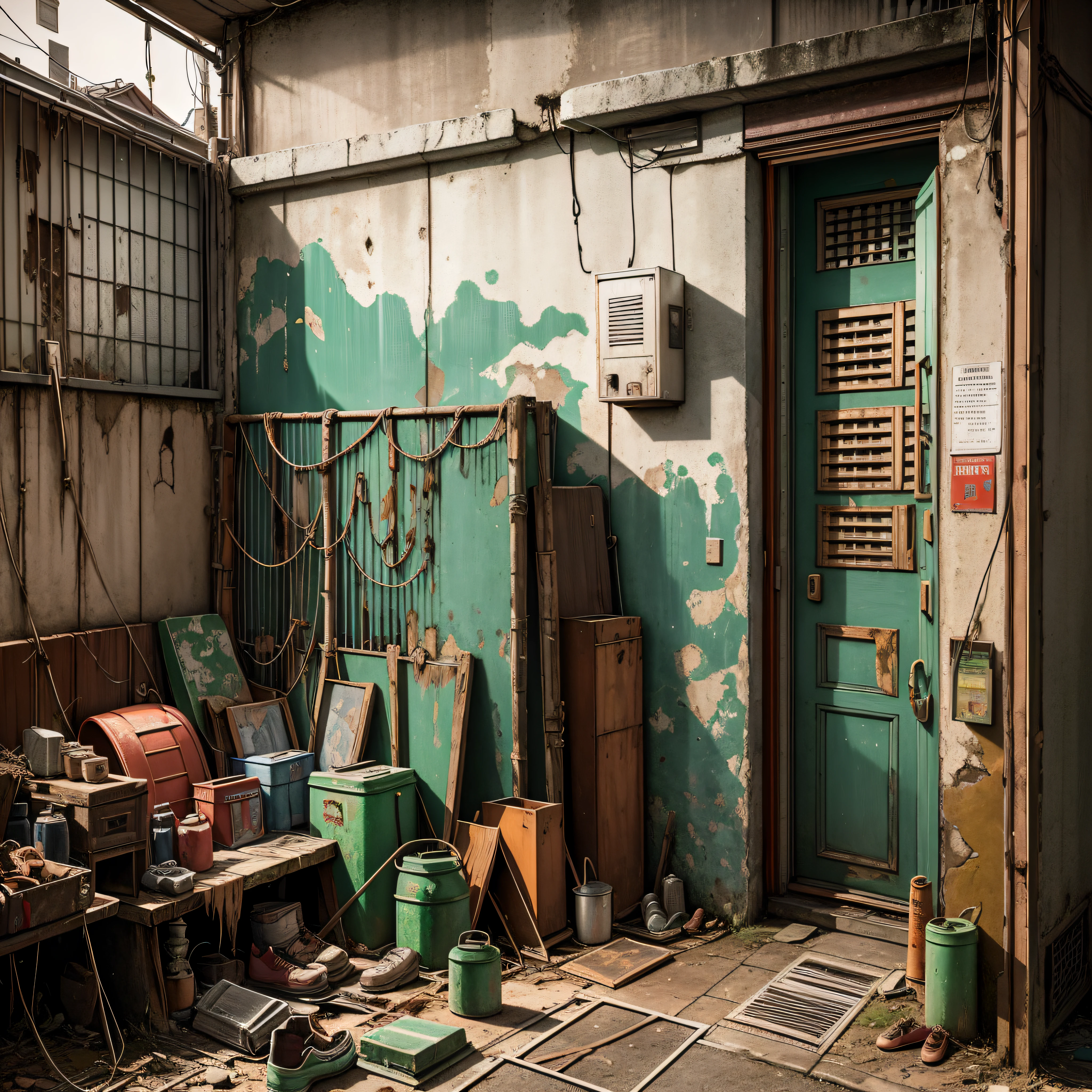 Casa abandonada, entrada, caja de zapatos, Apartamento Dojunkai ilustraciones surrealistas y muy detalladas., imagenes con objetos muy cargados, Mirador desde abajo, escaleras de cemento sucias con grietas, botes de basura, Letreros Metálicos, cables, poles, oxidado pipes, tubos de pared, medidores de electricidad, Paredes grises y oscuras, Cajas vacias, papel viejo en el suelo, Pintura en paredes dañadas, metal and oxidado scrap, partes mecánicas (oxidado, marrón), tenue iluminación, sombras de paisaje muy oscuras, luces de neón rojas y verdes, humedad, de madera, entrada, noche, juguetes, lindo, Muchas botellas verdes vacías, zapatos, umbrellas --auto --s2