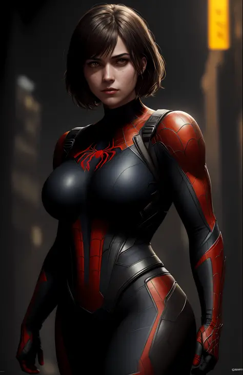 (dark shot: 1.1), epic realistic, Woman dressed as Spider-Man (sexy, big boobs) from Marvel, yellow gradient, black, brown and purple color scheme, grunge aesthetic!!! graffiti tag wall background, art by Greg Rutkowski and artgerm, soft cinematic light, A...