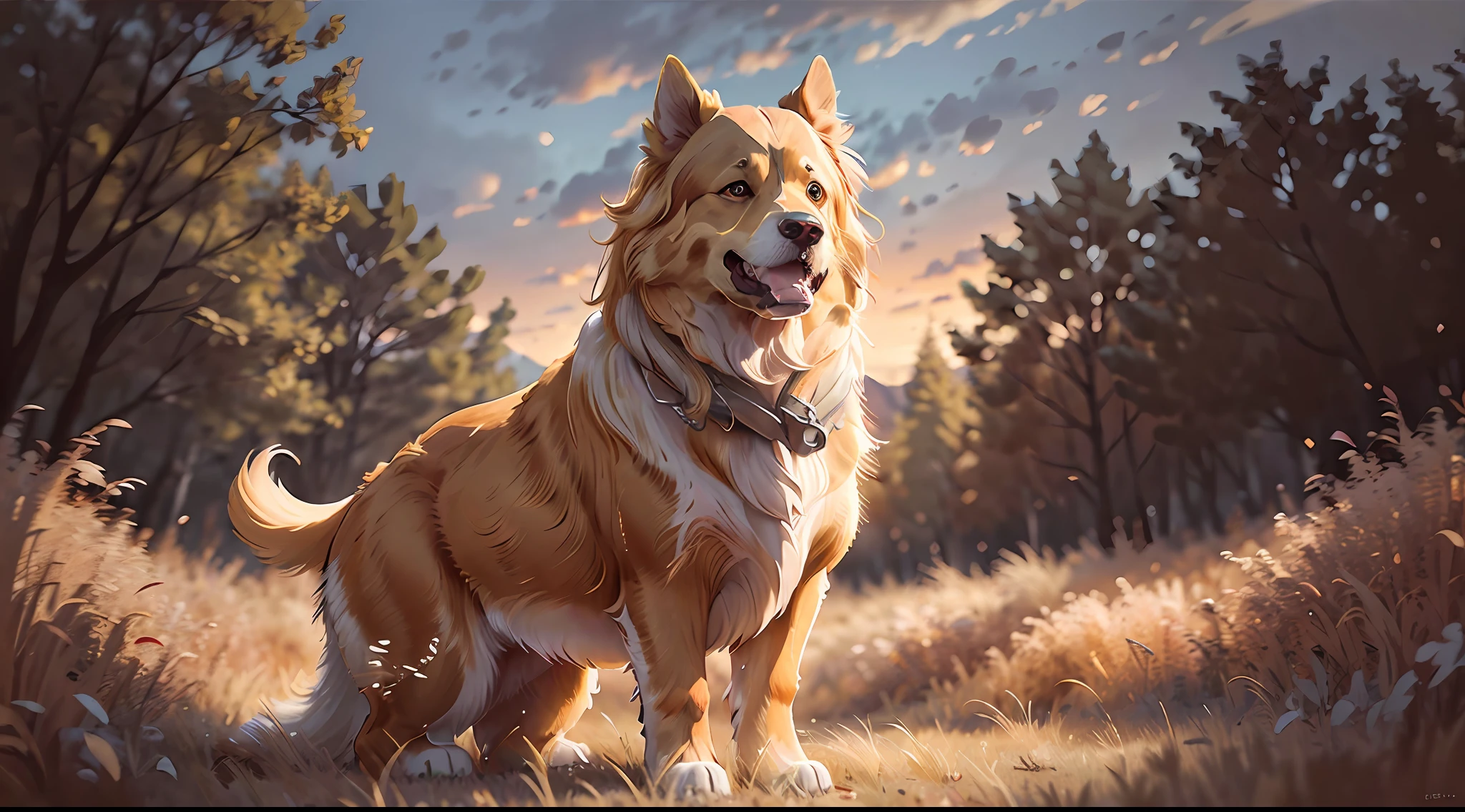 A realistic digital painting of a golden retriever standing on a grassy hill, with a beautiful sunset in the background. The dog has a friendly expression on its face and its fur is rendered in great detail, with shades of gold and cream. The sunlight illuminates the dog's face and chest, creating a warm and inviting atmosphere. The background consists of a vibrant orange and yellow sky, with clouds and trees in silhouette. The image is highly detailed and textured, with brush strokes visible throughout. The overall effect is a stunning and evocative portrayal of a beloved breed of dog in a beautiful natural setting. --auto --s2