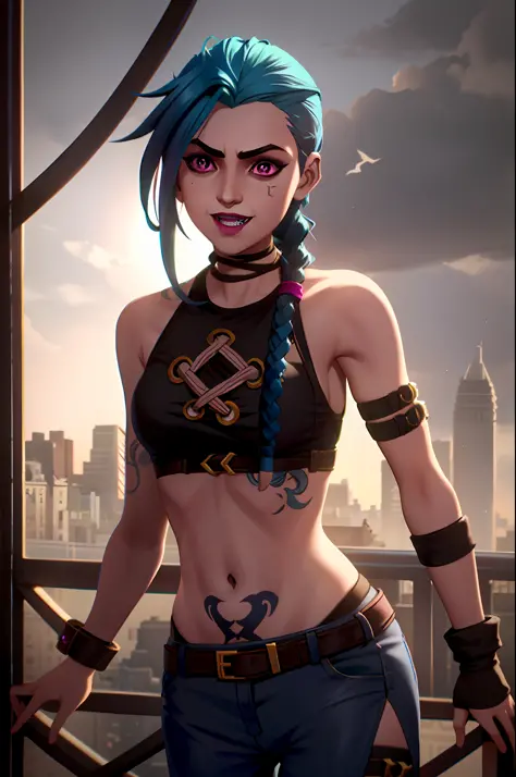 arcane style,

1girl, arm tattoo, asymmetrical bangs, bangs, blue hair, braid, brown shirt, cloud tattoo, looking at viewer, laughing, crazy, uncontrollable laugh, mad look, night, city, green hair, long hair, midriff, pink eyes, red lips, shirt, solo, sta...