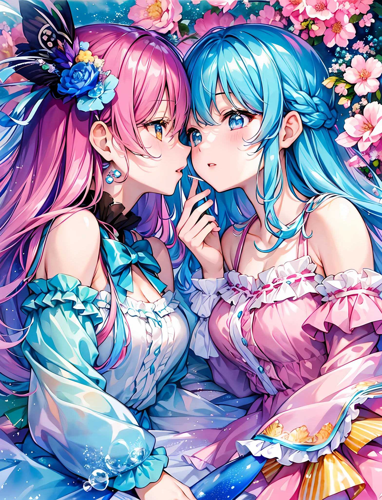 Two anime girls with blue hair and pink hair are kissing - SeaArt AI