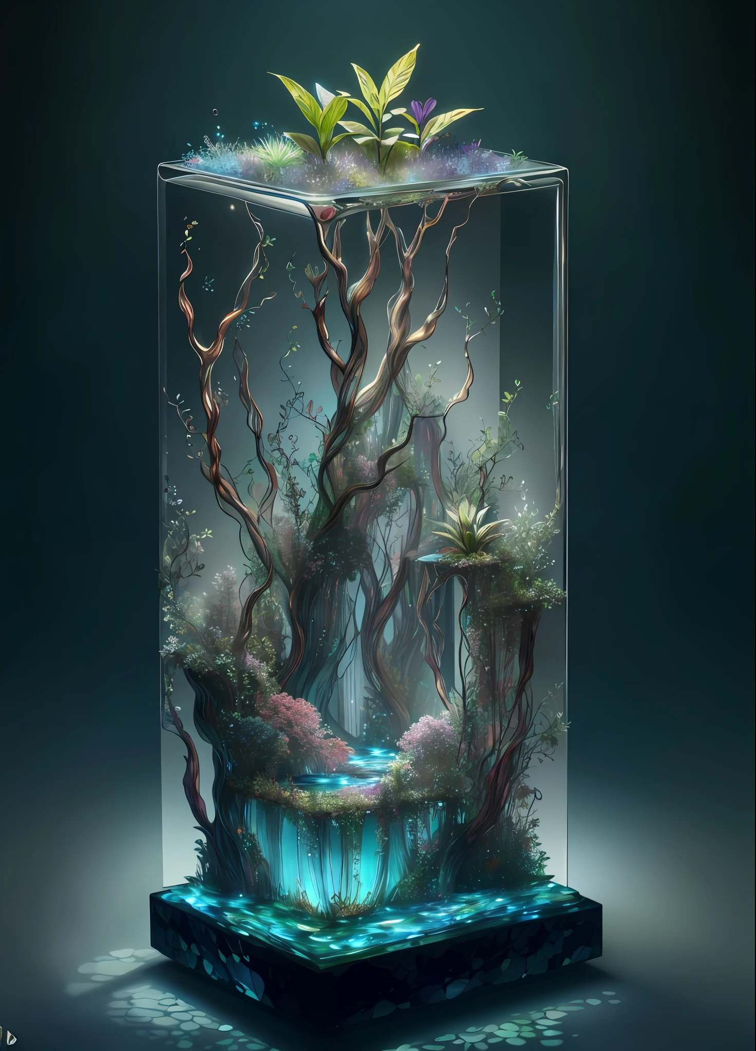 masterpiece of glass sculpture with plants inside, water, glowing, fantasy, high quality, high detail, best quality, rtx, 4k, 8k,