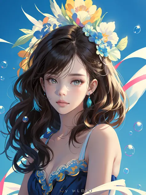 ((masterpiece)), high quality, super detailed, black hair + blue clothing: 1.2, sweet and delicate girl, delicate facial feature...