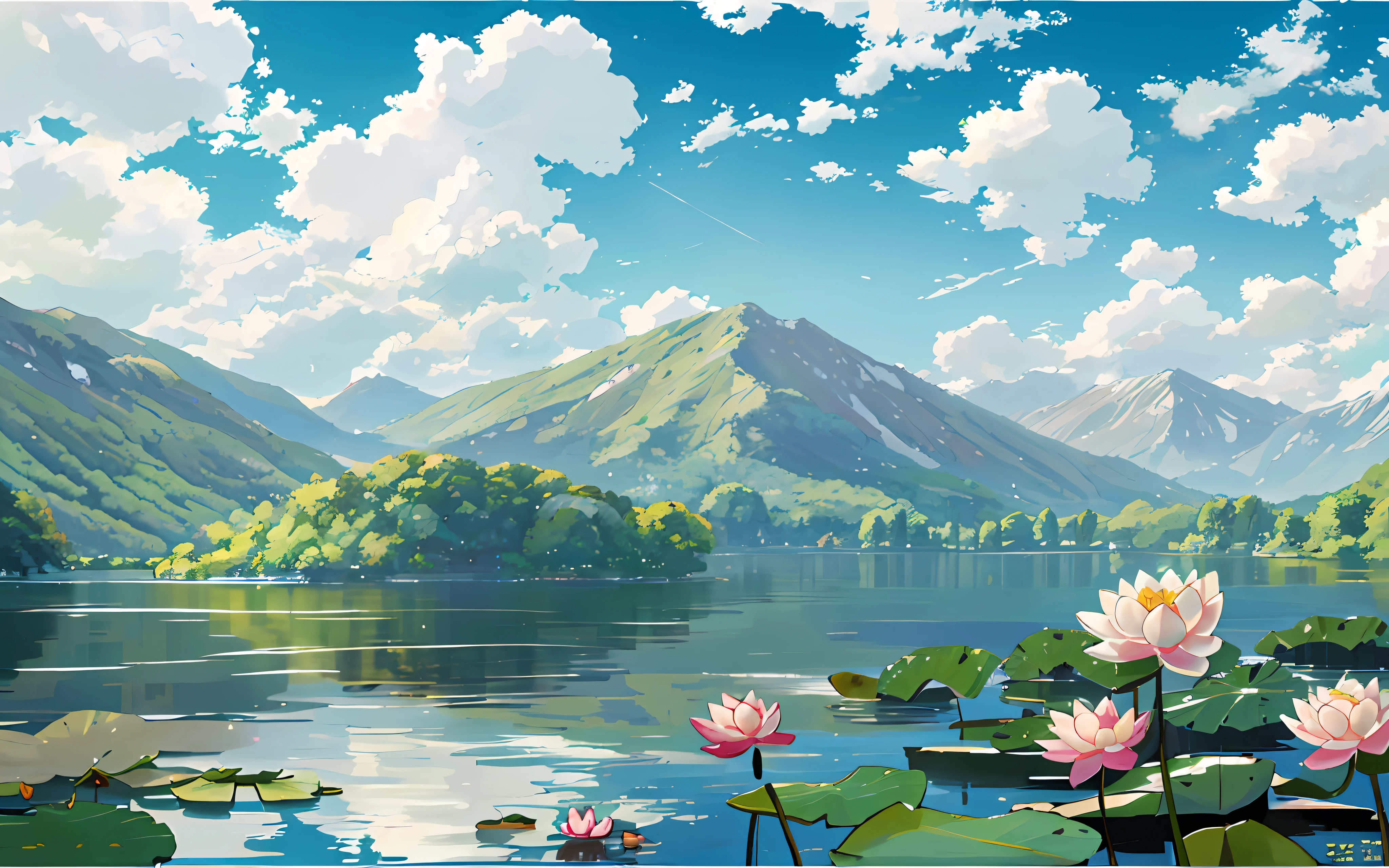 Em primeiro plano está um lago, existe um [branco] nenúfar e folha de lótus no lago, Montanhas verdes, blue sky and branco clouds, estilo jipe , bidimensional, Celulóide, ilustração, paisagem natural, vento, verão, Tons brilhantes, luz solar