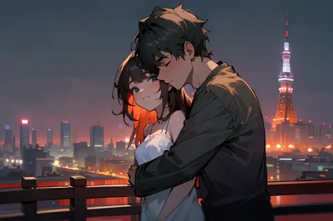 ( (8k: 1.27), highest quality, masterpiece, super high definition: 1.2), boys hugging from behind, couple, cute woman at 19 years old, handsome man at 25 years old, man in a t-shirt, woman in camisole, tokyo tower, beautiful night view, one Tokyo tower, a ...
