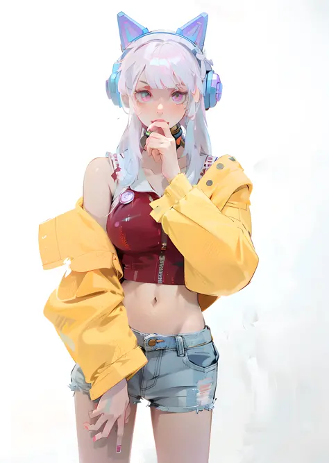 there is a woman with headphones on posing for a picture, anime girl cosplay, wearing cyberpunk 2 0 7 7 jacket, anime cosplay, c...