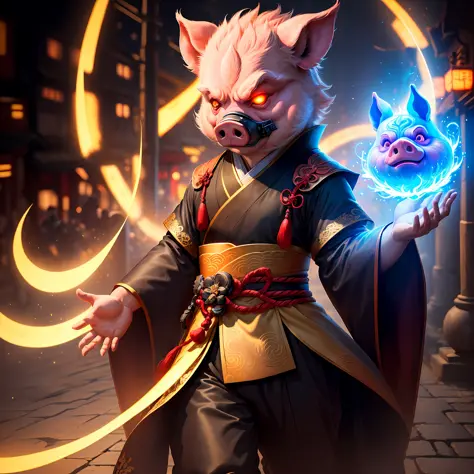 A pig, magical, anthropomorphic, boy, angry expression, glowing eyes, Wanruo mask, Hanfu, background of ancient Chinese street, night. Genshin Impact Impact, Best Quality, High Detail, High Quality, Ultra High Resolution, OC Rendering, 8K