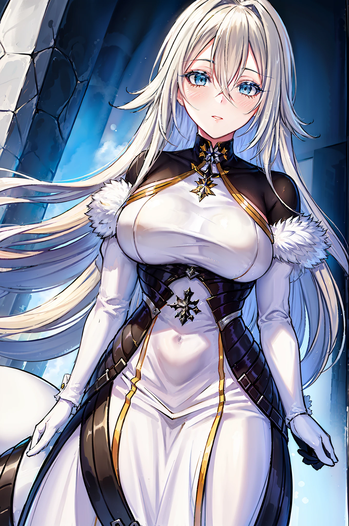 cinematiclighting, 1girl, ((masterpiece)), hdr, best quality, ultra-detailed, extremely detailed, high res, perfect face, highre, beautiful background, (depth of field), ray tracing, standing, Sovetsky_Soyuz, sovetsky soyuz \(azur lane\), standing, large breasts, yellow blonde hair