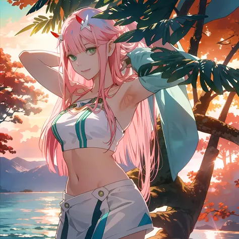 masterpiece, best quality, 1girl, looking at viewer, cute, bikini, seascape, medium breasts, green eyes, zero two \(darling in t...