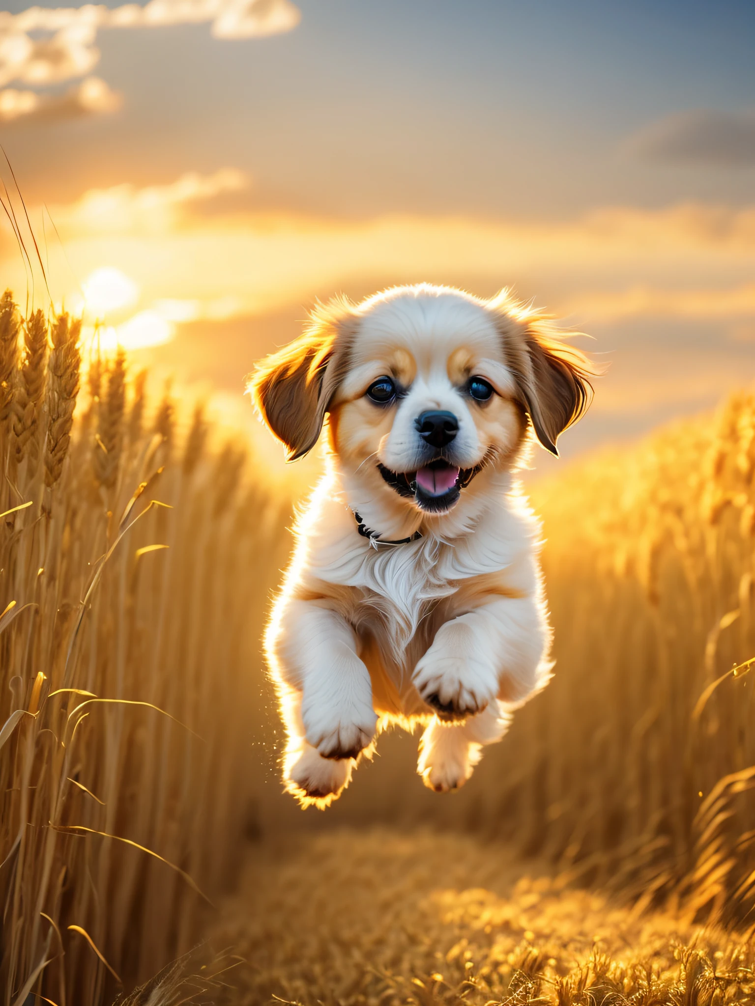 Foto eines sehr süßen springenden Welpen in einem goldenen Weizenfeld, Himmel bei Sonnenuntergang, weiße Wolken, weiches volumetrisches Licht, (Hintergrundbeleuchtung: 1.3), (Film: 1.2), komplizierte Details, (ArtStation: 1.3), Abonnieren