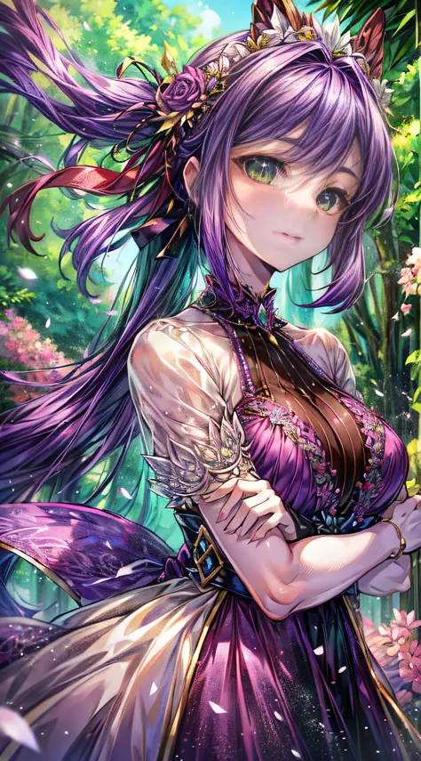 1 girl, purple hair, green eyes, color difference, gorgeous dress, wind, stunning