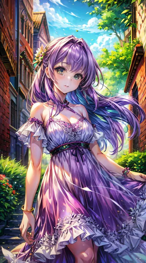 1 girl, purple hair, green eyes, color difference, gorgeous dress, wind, stunning