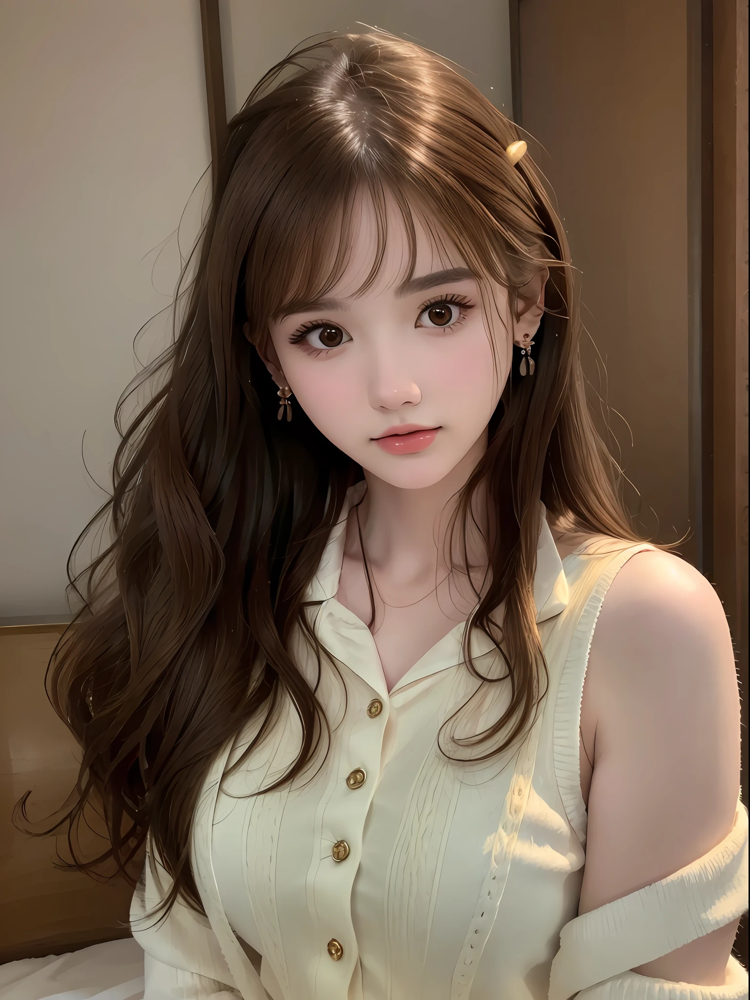 Best quality, masterpiece, super high resolution, (realistic: 1.4), original photo, 1 girl, hairpins, earrings, jewelry, brown hair, looking at the viewer, lips, playful, loose pajamas, bust
