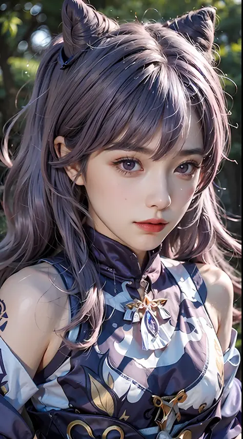 Masterpiece, best quality, detail, depth of field, ultra-realistic, realistic face and eyes, realistic skin texture, cinematic lighting, eyes to see the audience. 1 girl, solo, (frown, closed mouth), keqing_\(genshin_impact\), purple_eyes, purple hair, dou...