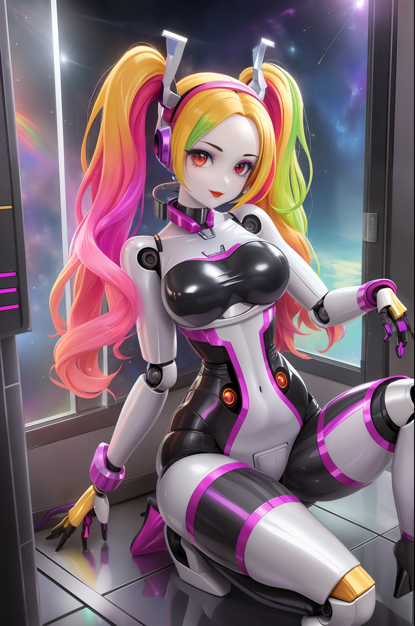 (woman with medium breasts:1), (pale skin:1.5), (multicolored robot girl with shiny metal body:1.5) , (multi-coloured hair:1.2), twintails, wavy hair , slave collar, robot ears,(full lips:1), (red lipstick:1), outer space, science fiction, window , (cameltoe:1), hair band, forehead jewel, parted lips, light smile, (transparent panels:1), full body, high heels