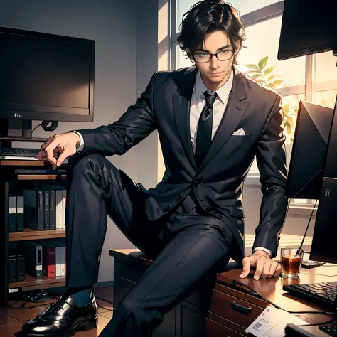 A man, happy to work, wearing a suit and leather shoes, sitting in front of a computer to work, daytime, office, colleagues, fin...