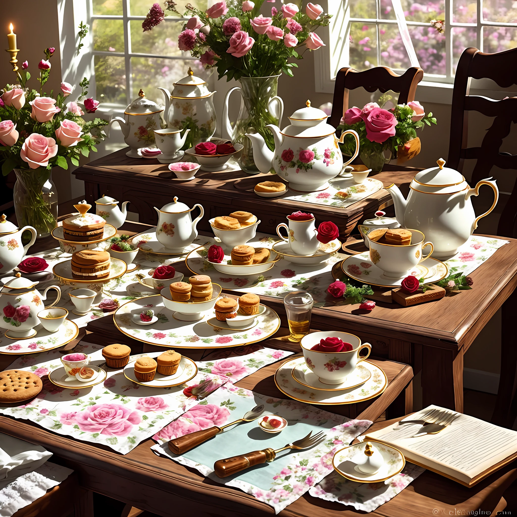 Uma mesa com bolos, biscoitos e refrescos, um vaso no canto superior esquerdo com algumas lindas rosas inseridas nele, Xícaras e bules europeus em cima da mesa, Chá da Tarde Europeu, o sol da tarde brilhando, imagem requintada e bonita