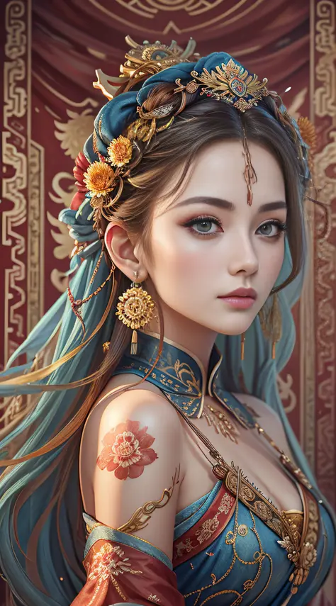 Best quality, masterpiece, ultra-detailed high resolution, (realistic: 1.4), original photos, illustrations,
1 Girl Holding Weapon, (Solo Exhibition: 1.2), (Denim Lens: 1.2), (Hair Crown: 1.2), Chinese Dunhuang Traditional Costume, No Straps, (Red Eyeliner...