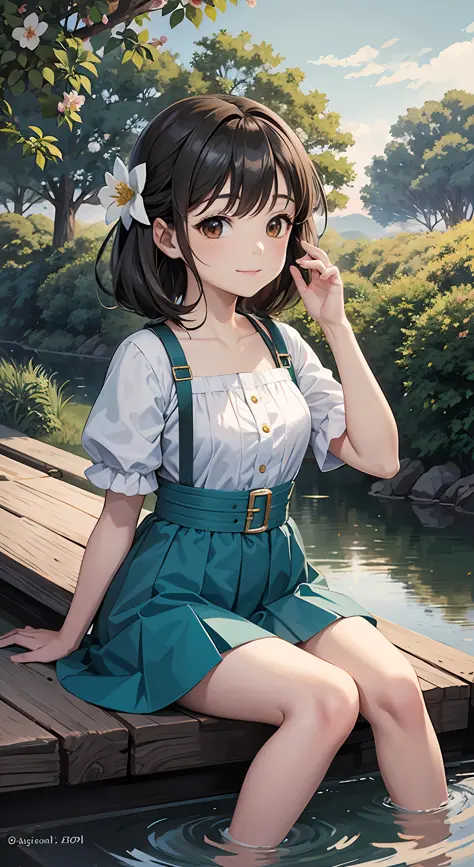 16 years old, anime girl sitting on the side of the road looking at the water, (there is a boat in the water), (pet), (flower pot), anime vision of cute girl, portrait of cute anime girl, cute detailed digital art, anime style portrait, beautiful anime por...
