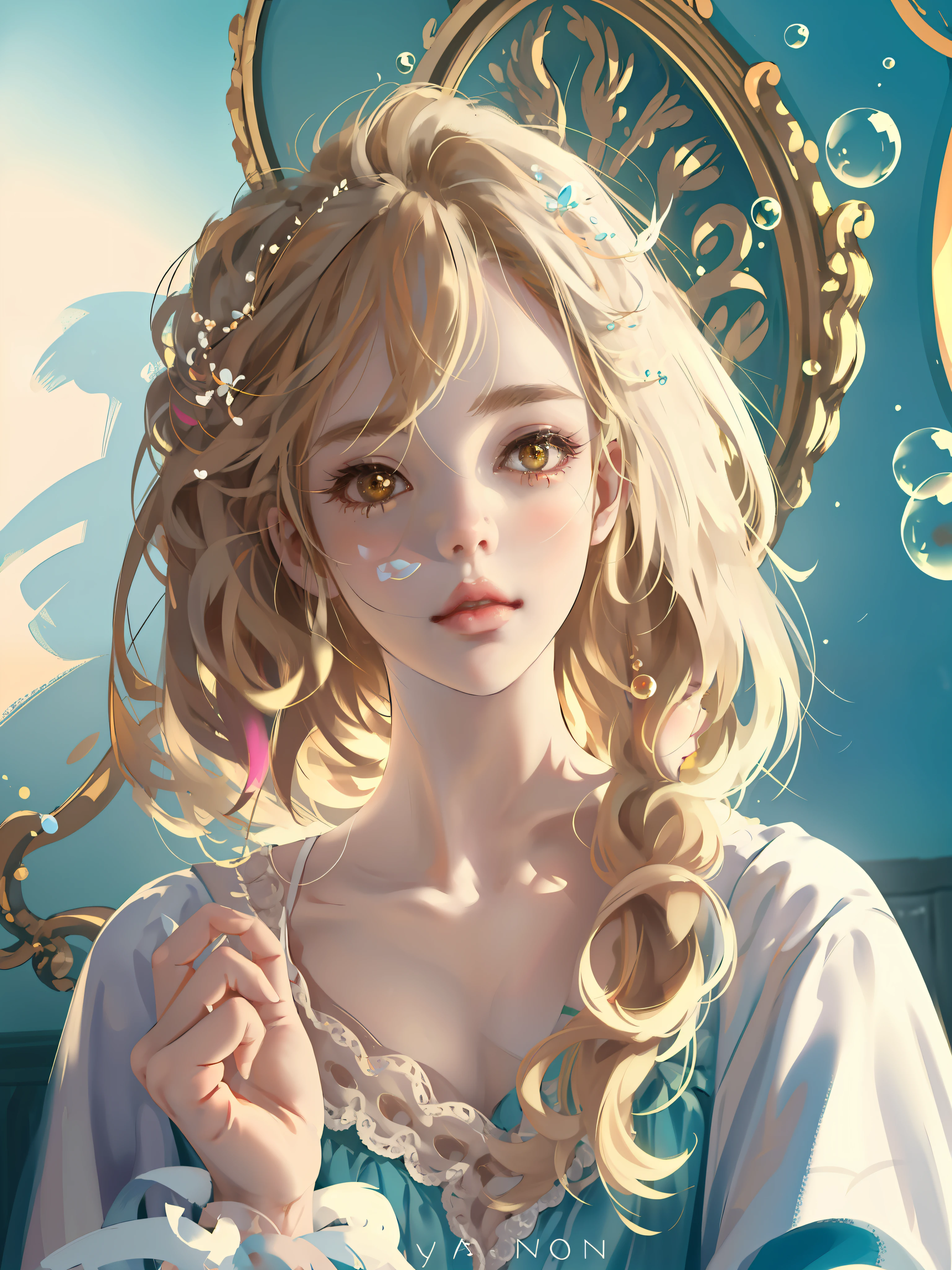 ((Masterpiece)), high quality, super detailed, blonde hair + white clothing: 1.2, sweet and delicate girl, bjd, lolita, delicate facial features, perfect figure, face with pearl decoration, surrounding bubbles, bright bright colors, romantic long hair, natural light, warm and sweet, brown eyes, gorgeous hair decoration.