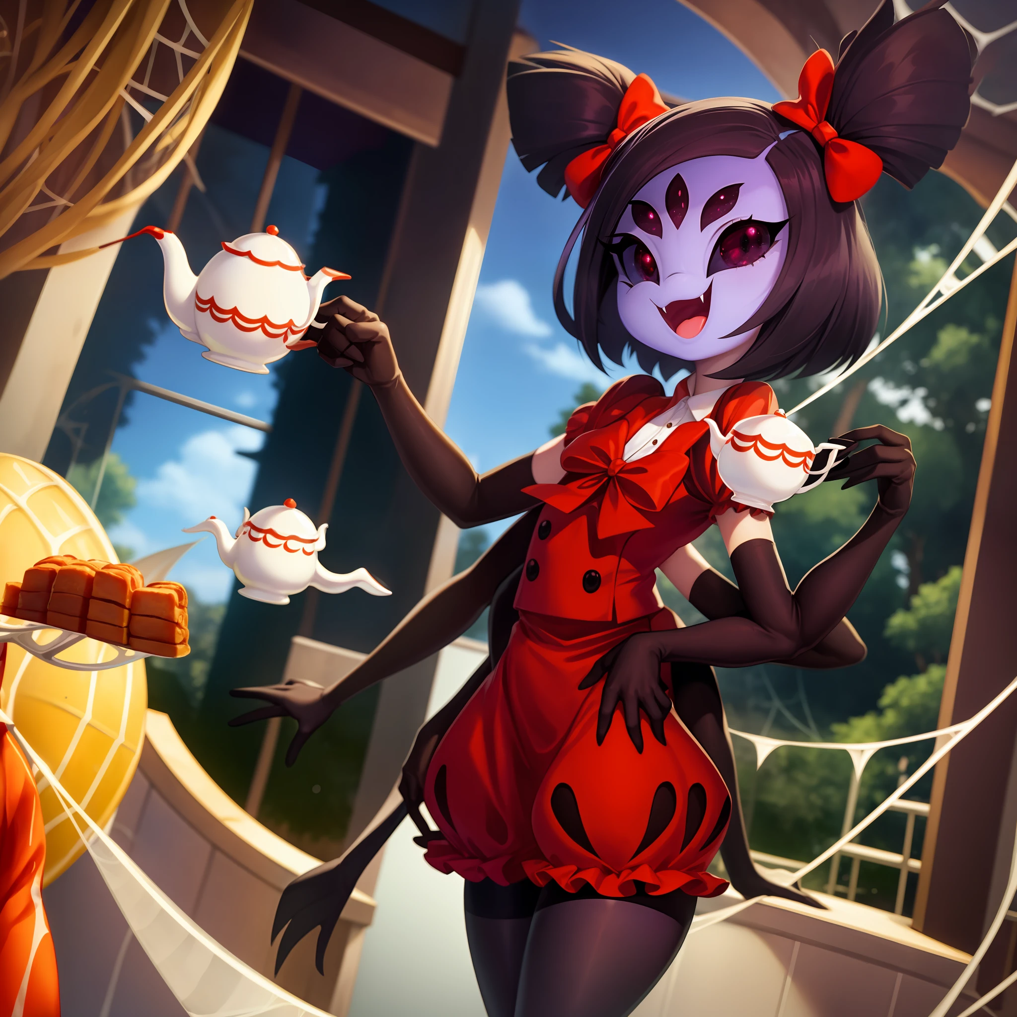 masterpiece, best quality, a beautiful and detailed portriat of muffet,(muffetwear), monster girl,((purple body:1.3)),humanoid, arachnid, anthro,((fangs)),pigtails,hair bows,5 eyes,spider girl,6 arms,solo,smile, clothed, open mouth, awesome and detailed background, holding teapot, holding teacup, 6 hands,detailed hands,((spider webs:1.4)), storefront that sells pastries and tea,bloomers,(red and black clothing),inside,pouring into teacup,wide angle lens, ((fish eye effect)) ,armwear, thighs