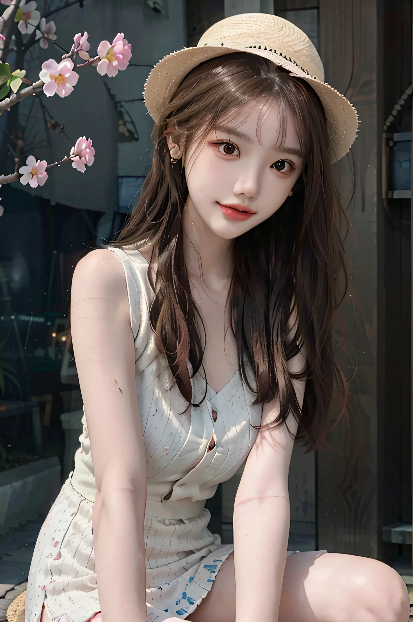 Best quality, masterpiece, super high resolution, full body, thighs, (realistic: 1.4), original photo, 1 girl, hairpins, earrings, jewelry, brown hair, looking at the viewer, lips, playful, among the flowers, happy, lively, with straw hat, flowers