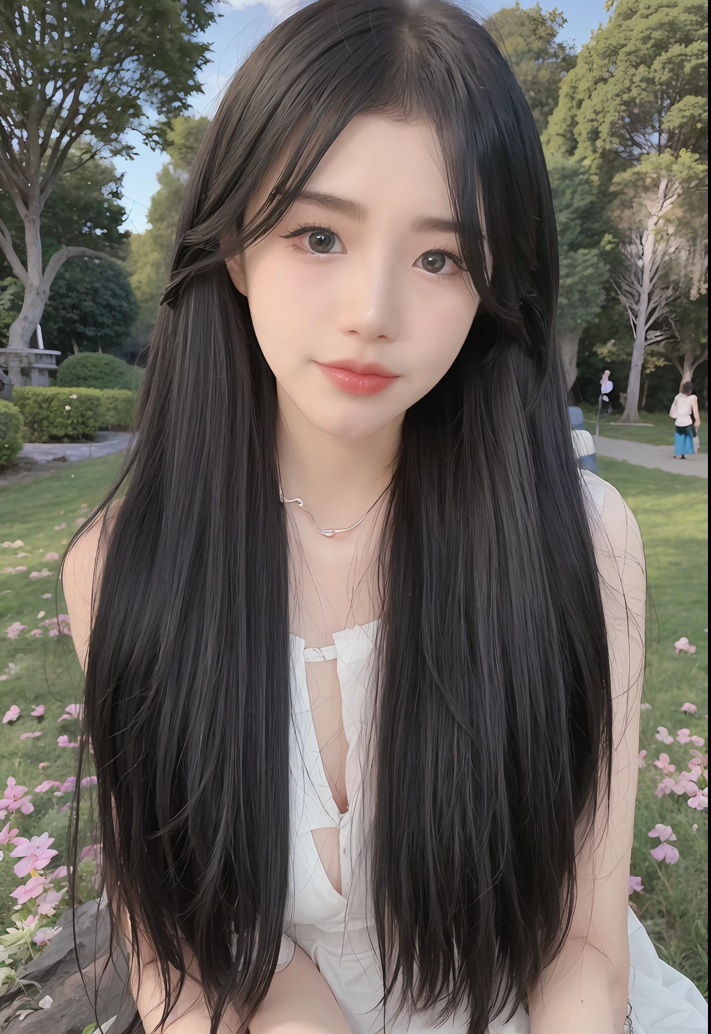 arafed woman with long black hair sitting in a park, long free black straight hair, straight hairstyle, with long hair, with straight black hair, the hime cut, shoulder-long straight, ulzzang, black hime cut hair, long black straight hair, brown long and straight hair, straight hair, with long dark hair, long straight hair