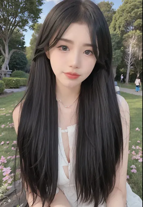 arafed woman with long black hair sitting in a park, long free black straight hair, straight hairstyle, with long hair, with str...