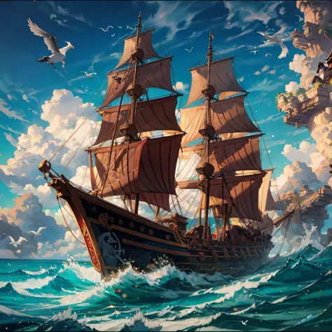 Frederick Edwin Church painting style, pirate ship, battle, seagull, gunsmoke, exquisite composition, rich composition,